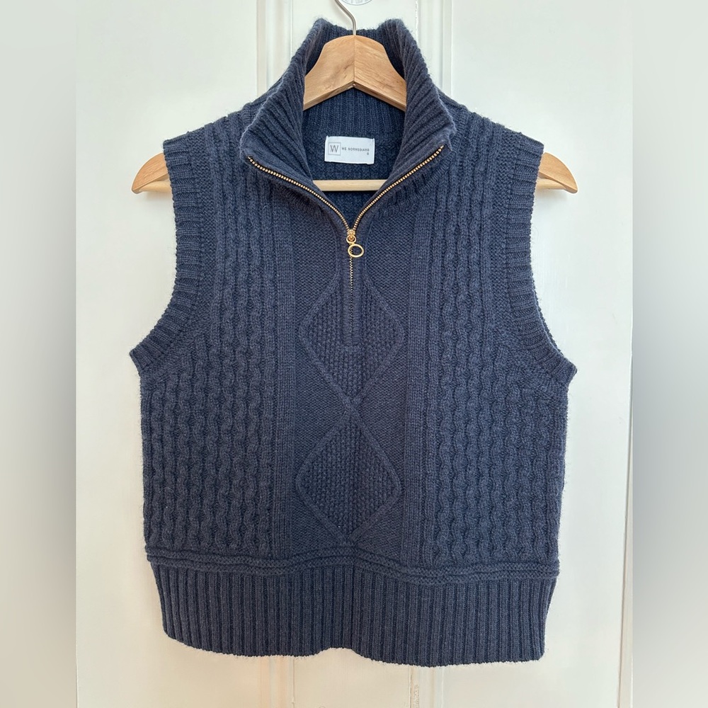Navy blue We Norwegian merino wool quarter zip sleeveless sweater